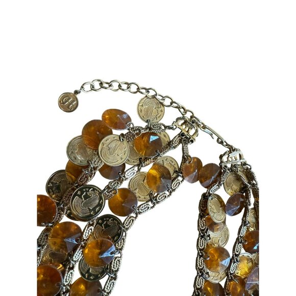Vintage Signed HOBE Rare Egyptian Bib Necklace Lucite Yellow Beads & Gold Coins - Picture 2 of 6
